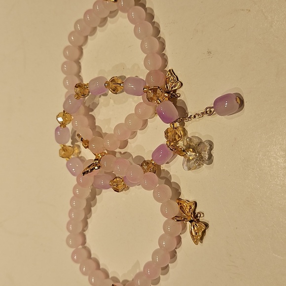3 Pale Pink Glass, Crystal & Butterfly Accents Stretch Beaded Bracelet Set - Picture 4 of 7